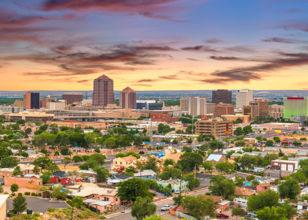 Aerial view of homes and downtown Albuquerque.