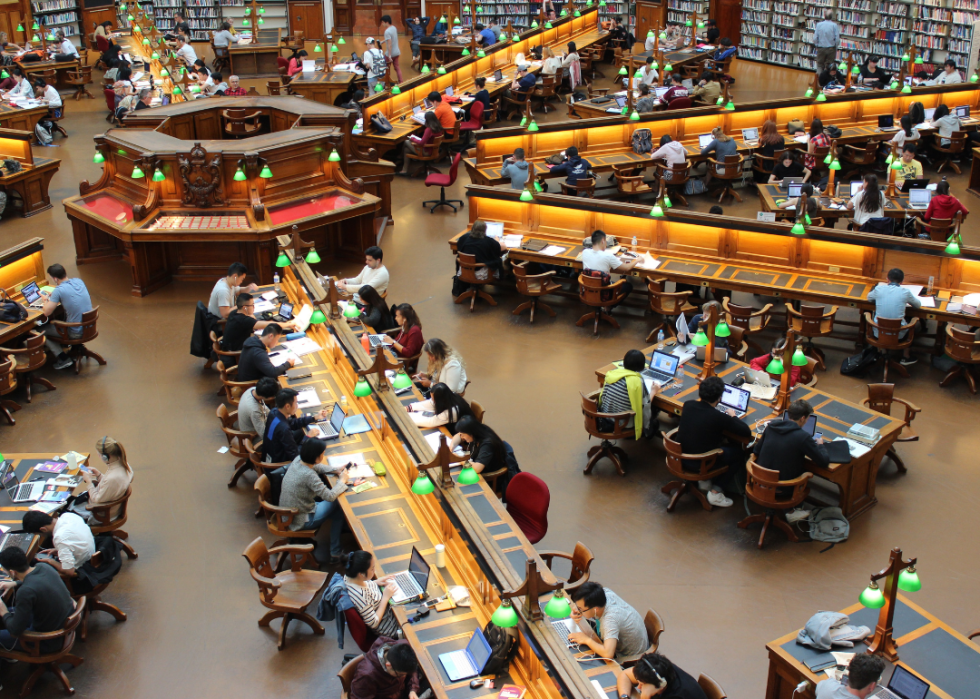 A crowded college library.