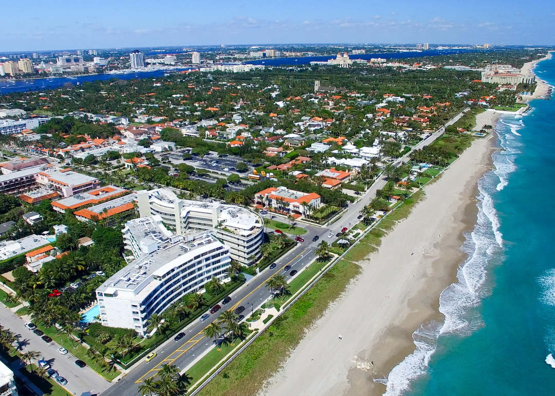 Aerial view of beaches, buildings and homes in Palm Beach.