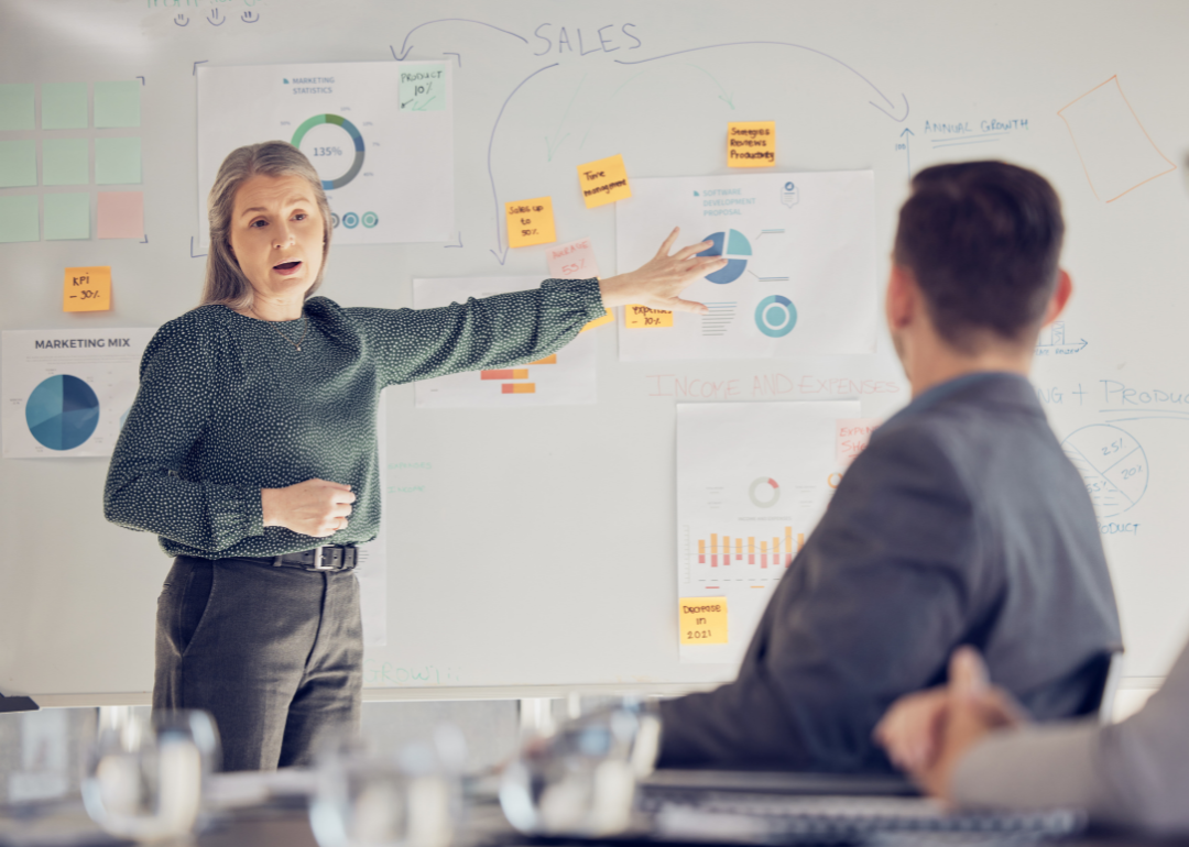 Businesswoman leading a meeting looking at charts.