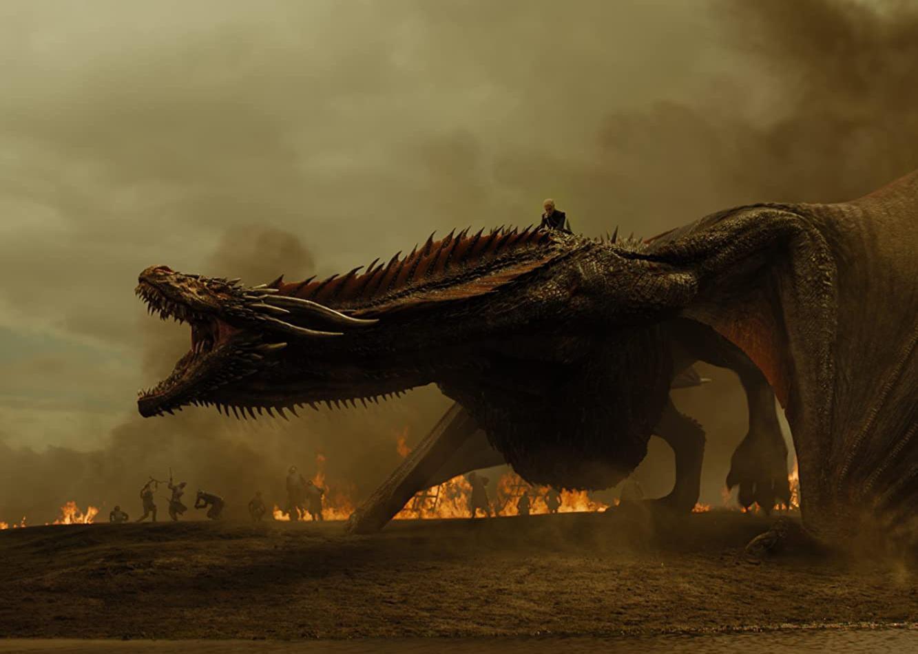 A giant dragon in a battle with people with fire in the background.