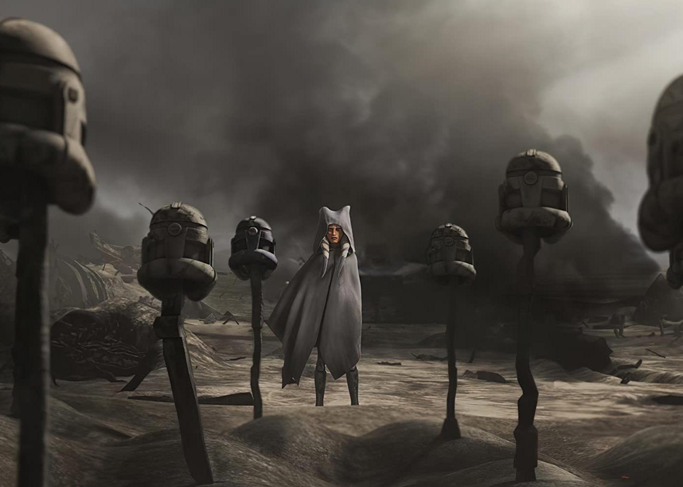 An animation of a character in a gray cloak looking at helmets on sticks.