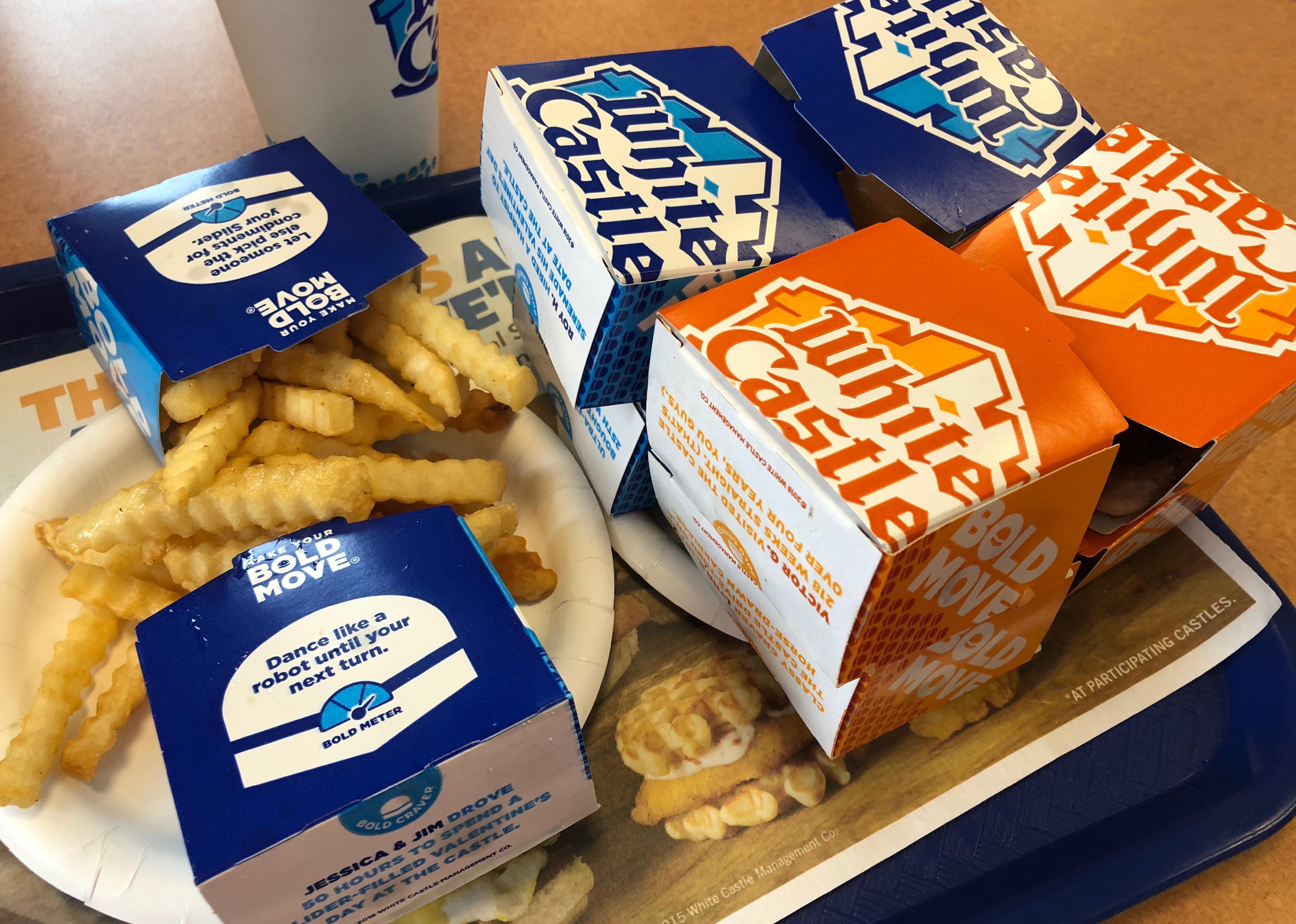 Boxes of fries and White Castle burgers.