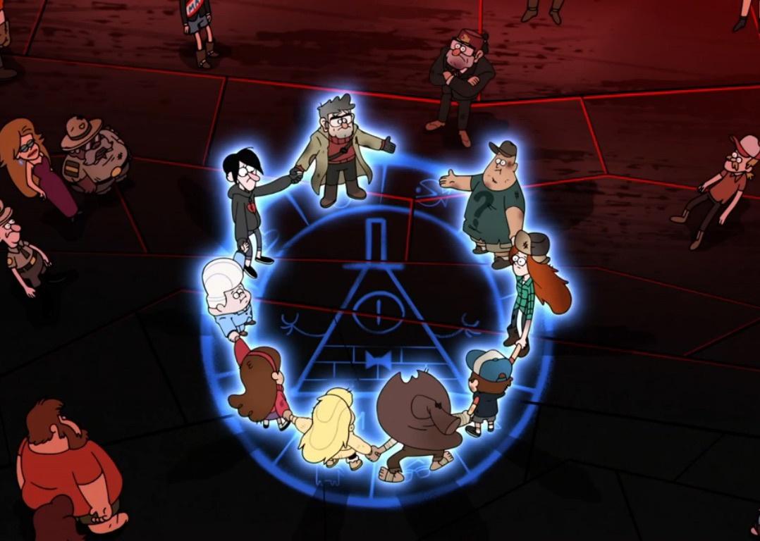 A group of cartoon characters hold hands in a blue lit circle.