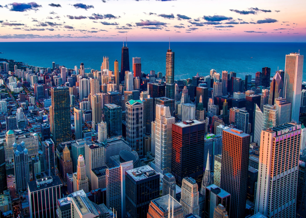 The Chicago, Illinois skyline with water in the background.