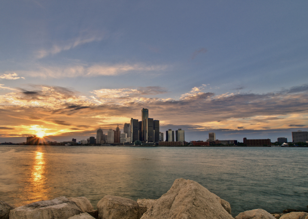 Detroit, Michigan skyline at sunset.