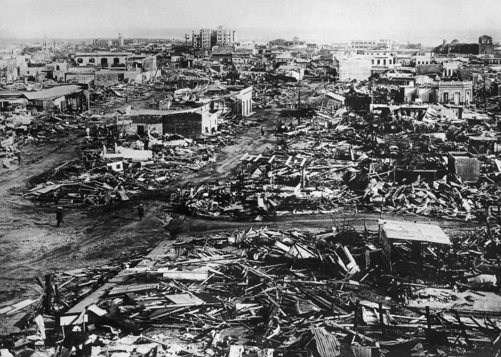 A high-angle view of a destroyed city. 