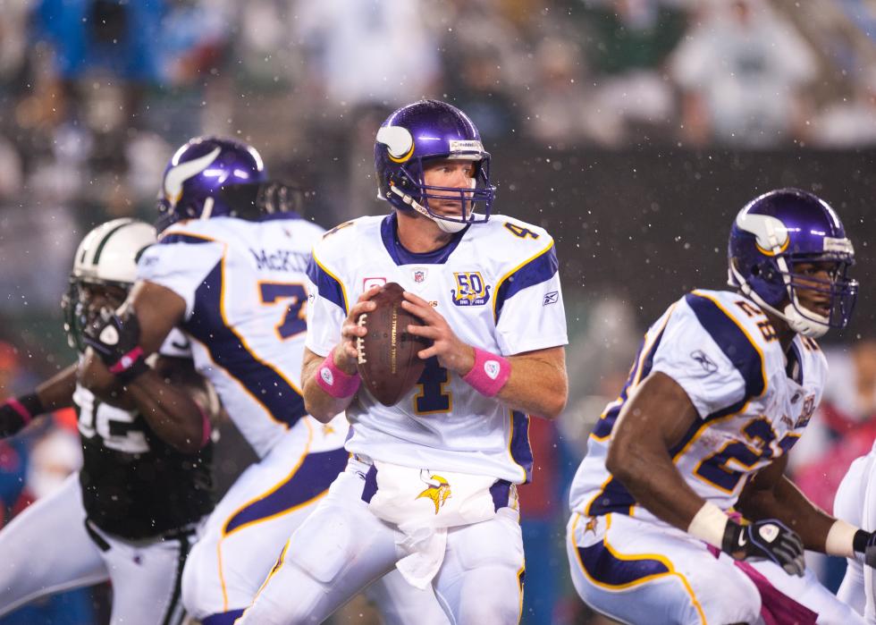 Brett Favre #4 of the Minnesota Vikings looks to pass.