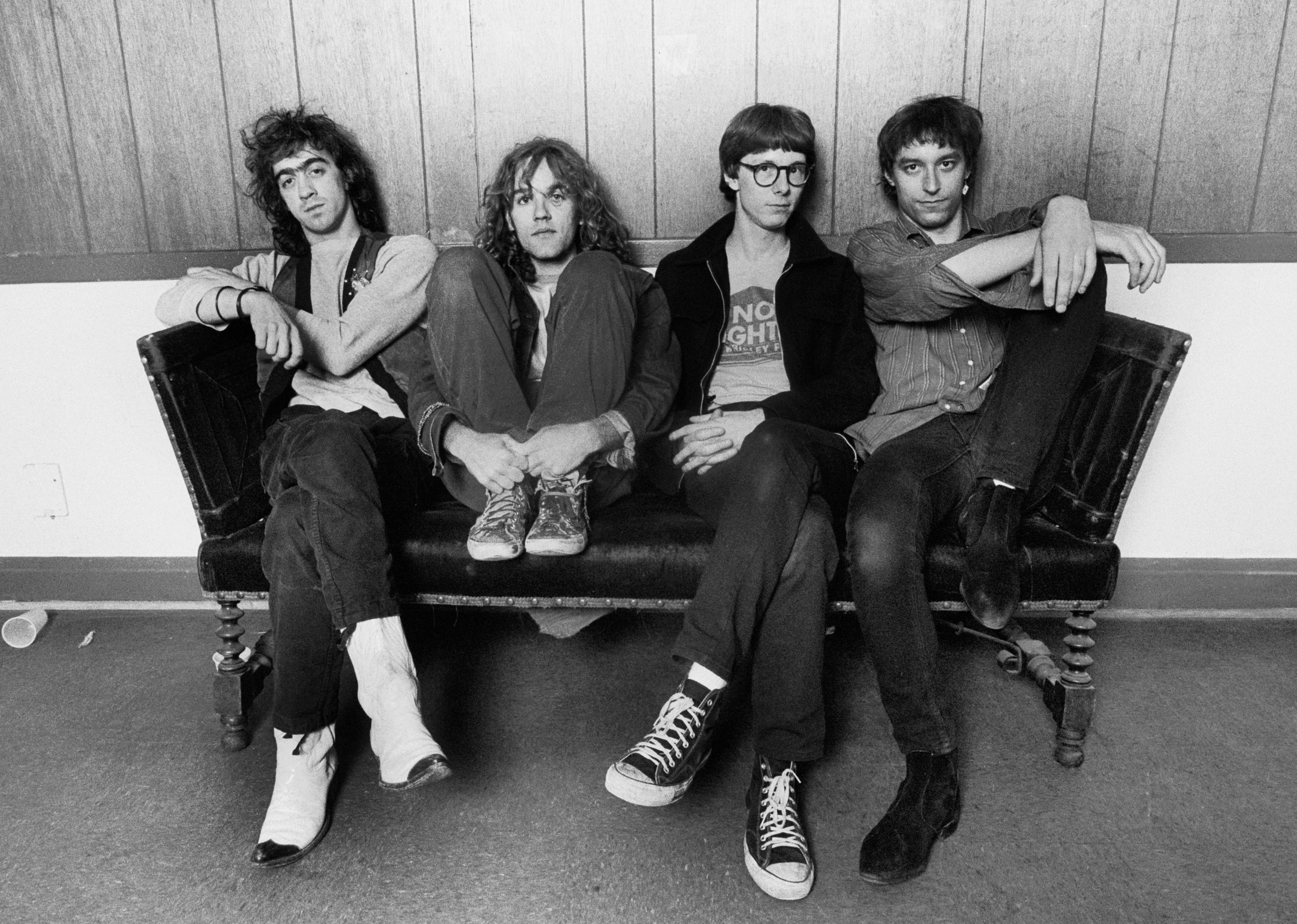 Portrait of the band REM, left to right, Bill Berry, Michael Stipe, Mike Mills and Peter Buck.
