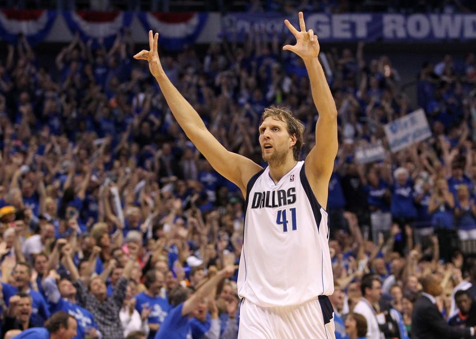 Dirk Nowitzki of the Dallas Mavericks with hands in the air during a game