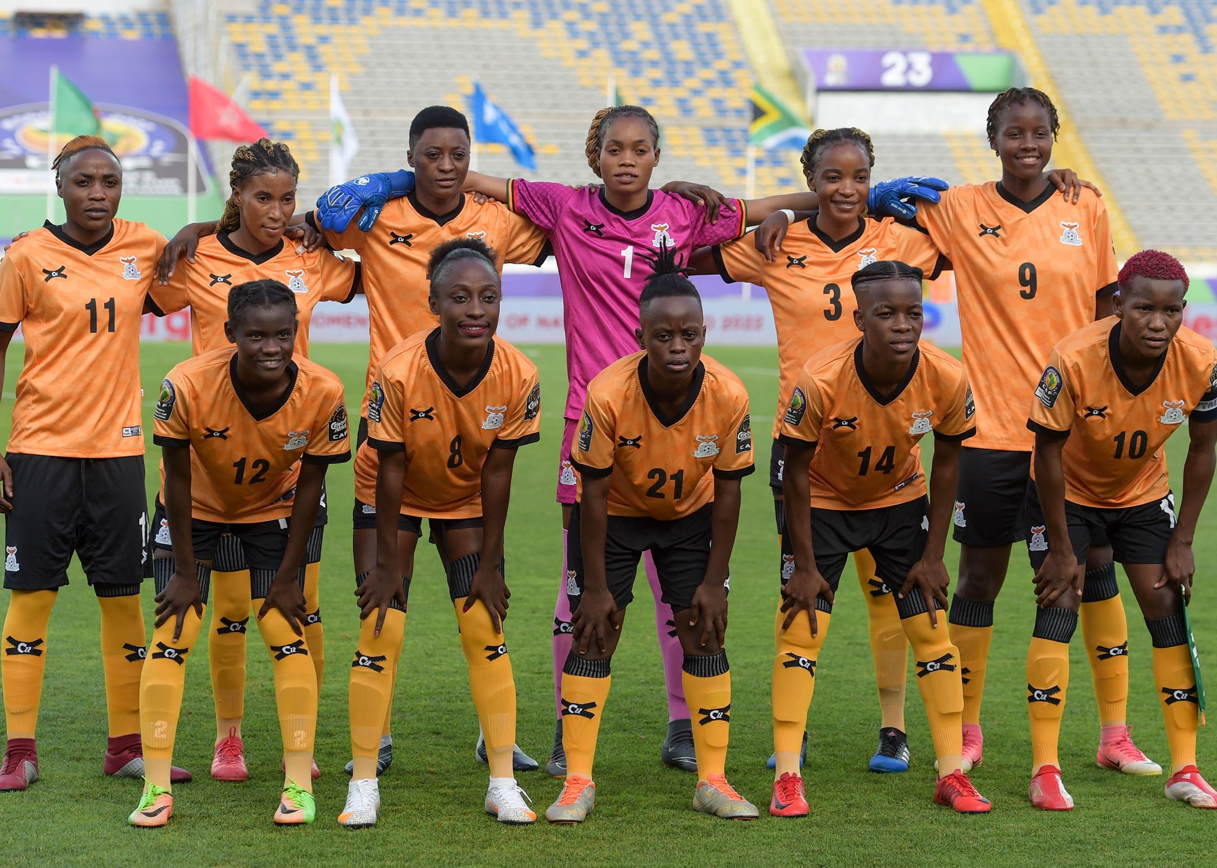 Zambia's starting 11 pose for a group picture during the 2022 Women's Africa Cup of Nations semifinal football match.