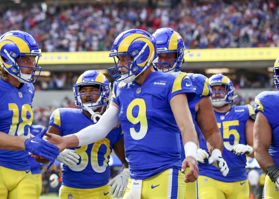 Matthew Stafford, #9, is congratulated after a touch down dive.