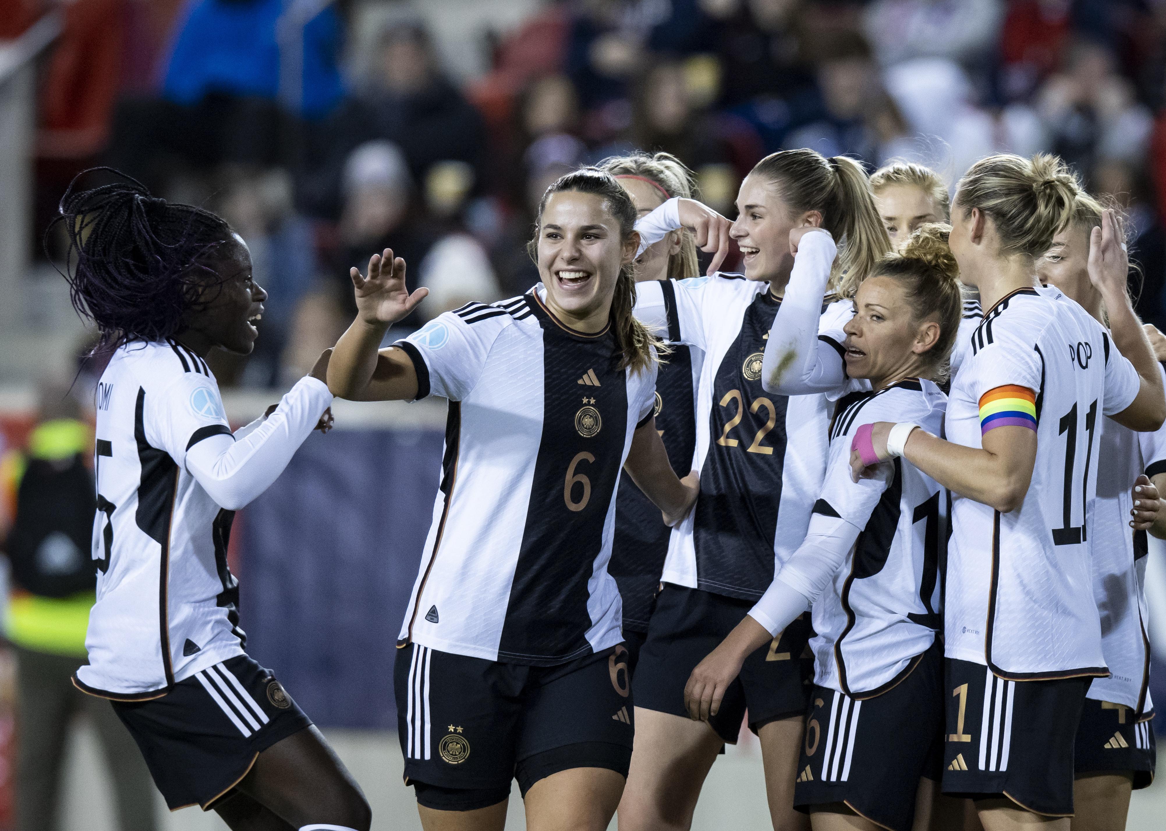 Jule Brand of Germany celebrates her goal with teammates in the women's international friendly match against the United States.