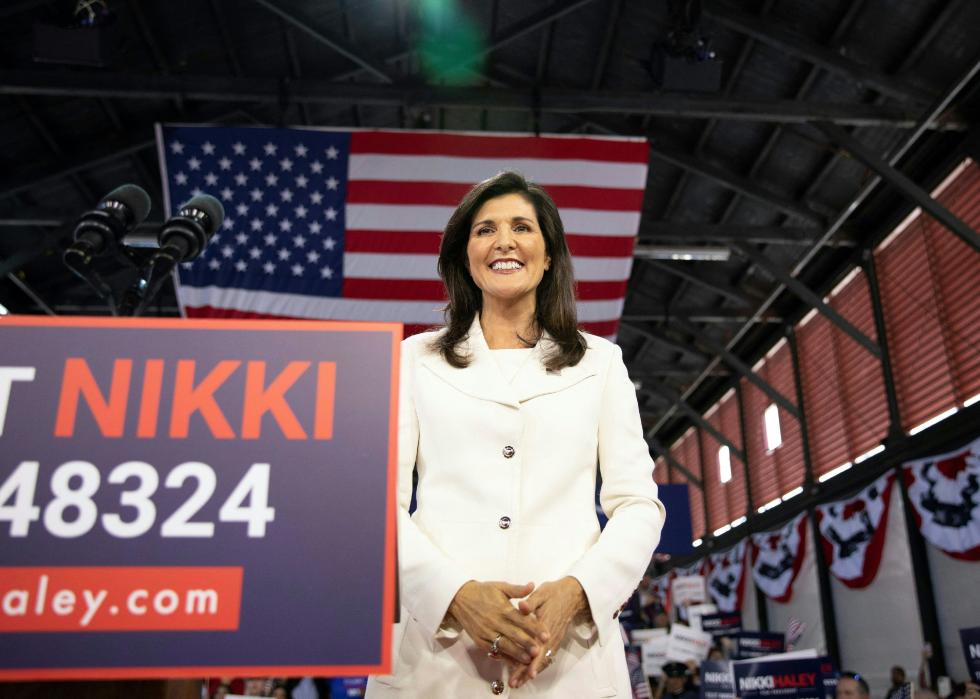 Nikki Haley speaks during a campaign event to launch her presidential bid.