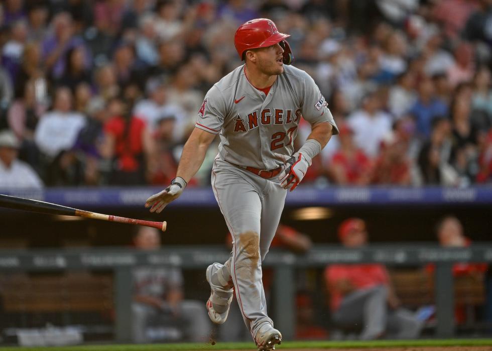 Mike Trout of the Los Angeles Angels watches the flight of a third inning solo home run.