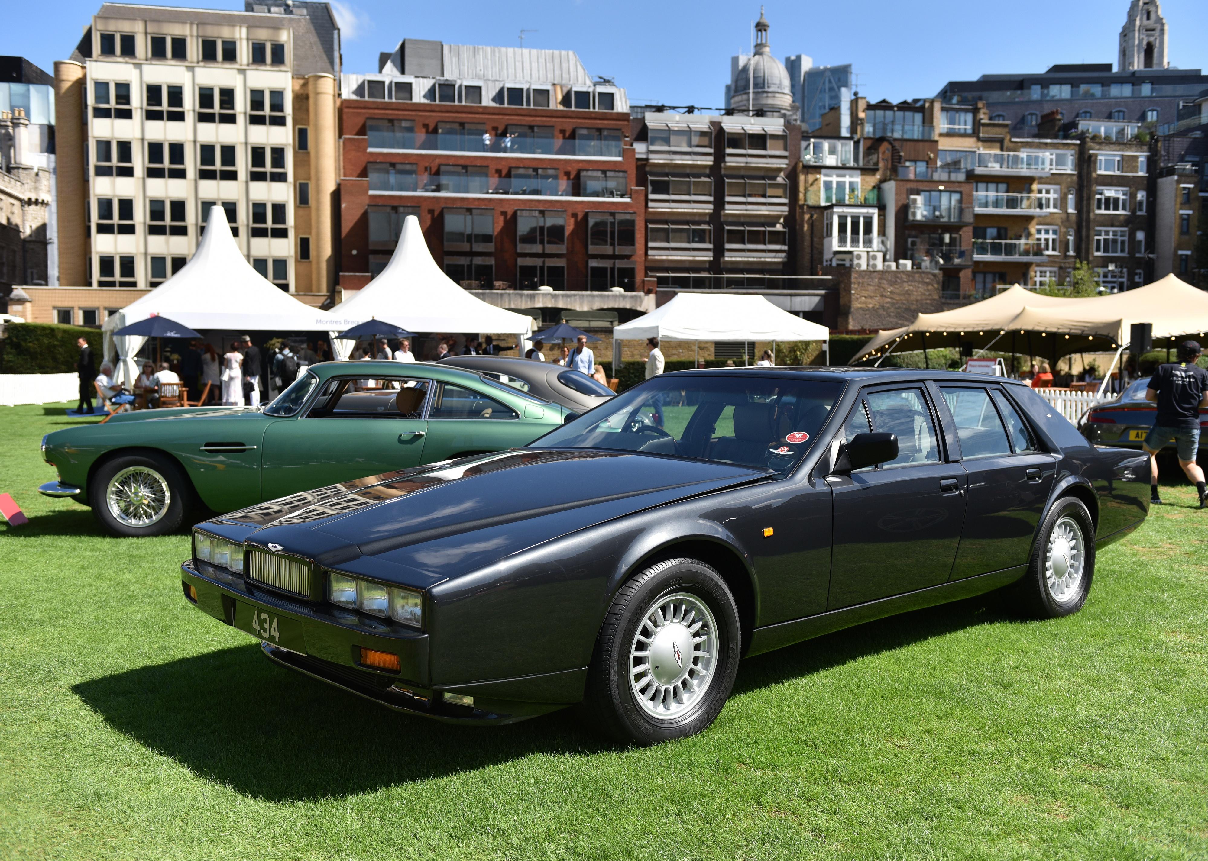 A 1990 Aston Martin Lagonda Saloon Series IV is displayed during the London Concour.