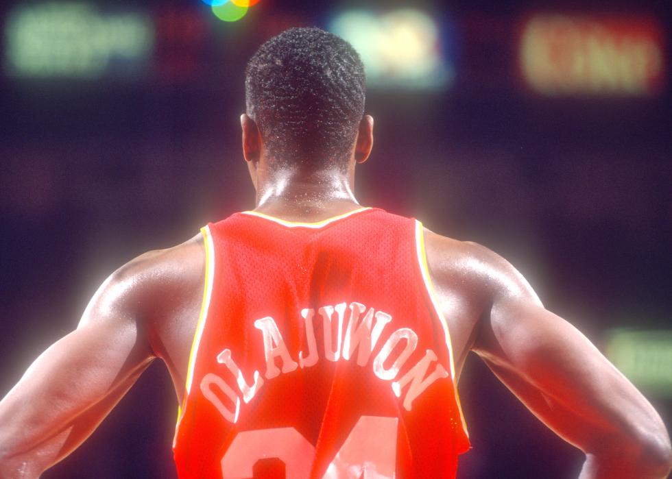Back view of Hakeem Olajuwon in #34 Houston Rockets jersey