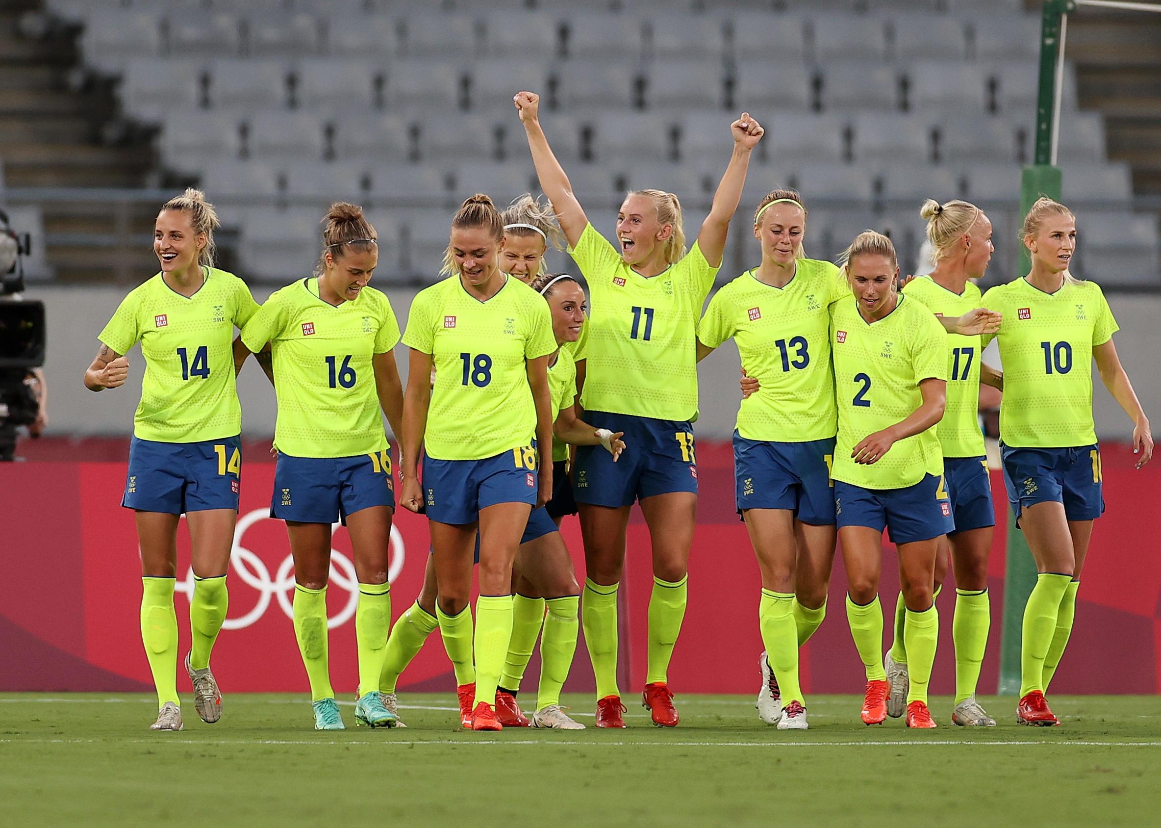 Stina Blackstenius of Team Sweden celebrates with team mates after scoring during the Women's First Round Group G match.