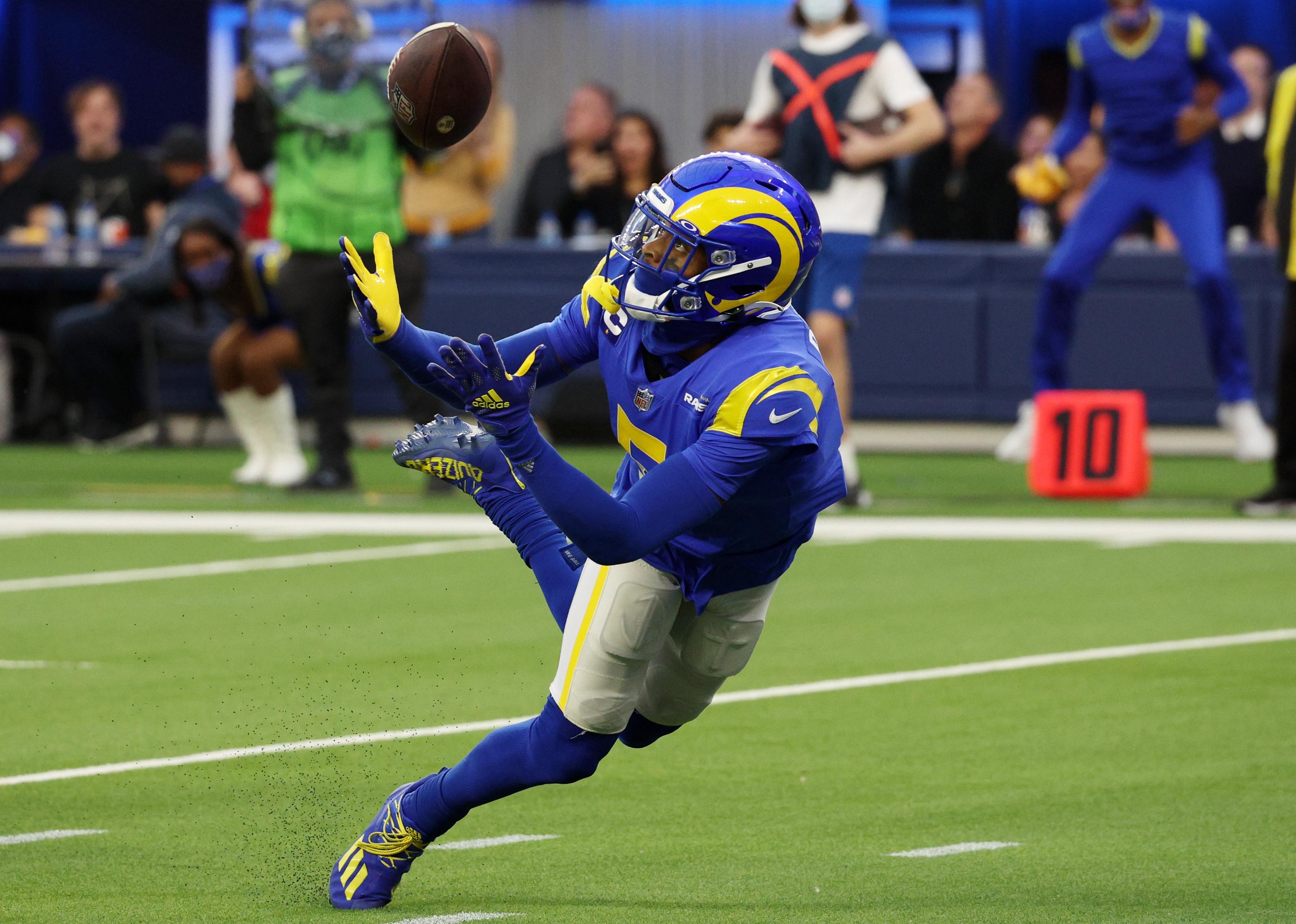 Jalen Ramsey of the Los Angeles Rams catches a ball