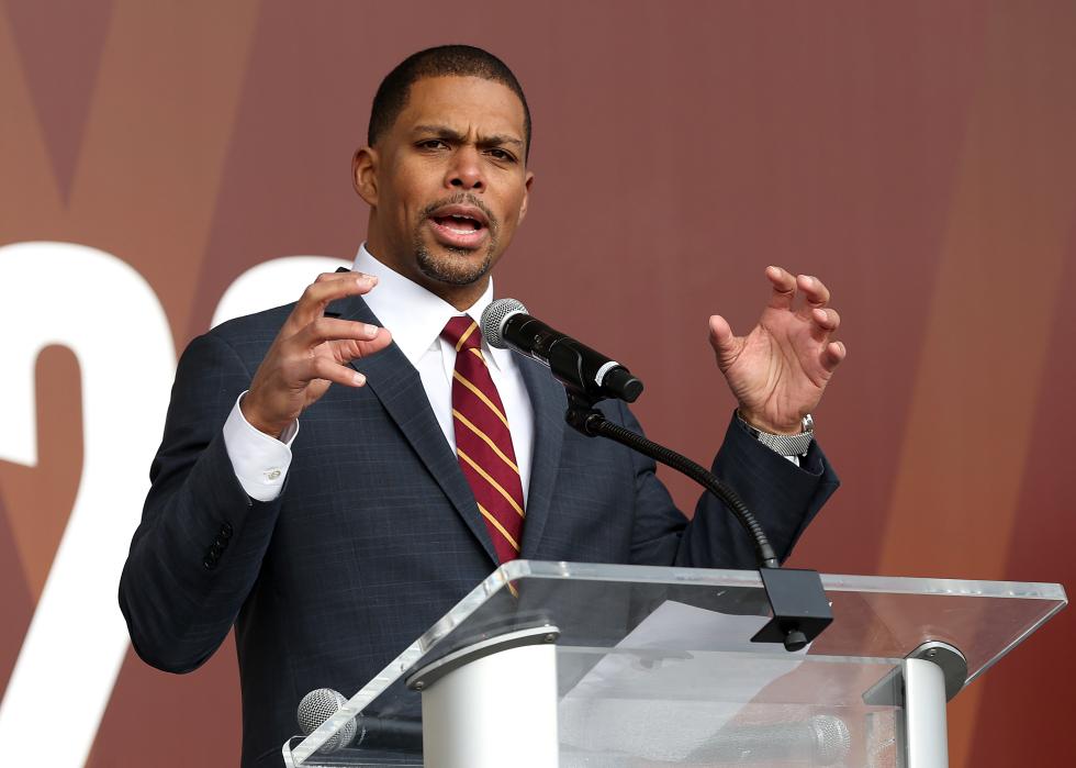 Team President Jason Wright speaks during the announcement of the Washington Football Team's name change