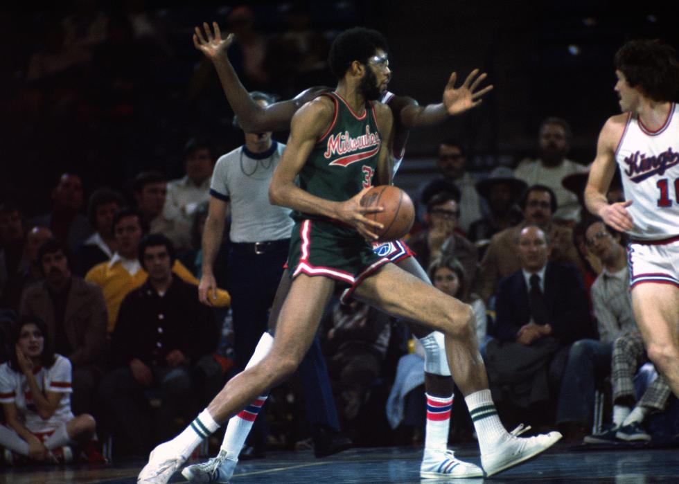 Kareem Abdul-Jabbar drives to the basket during an NBA game