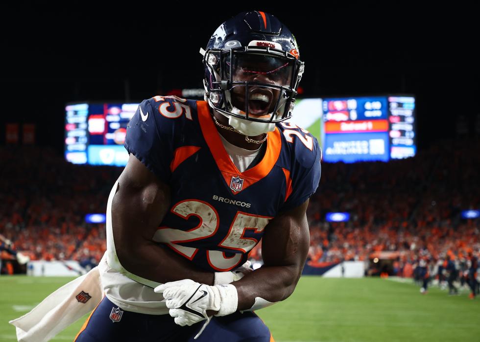 Melvin Gordon III of the Denver Broncos celebrates after scoring a touchdown.