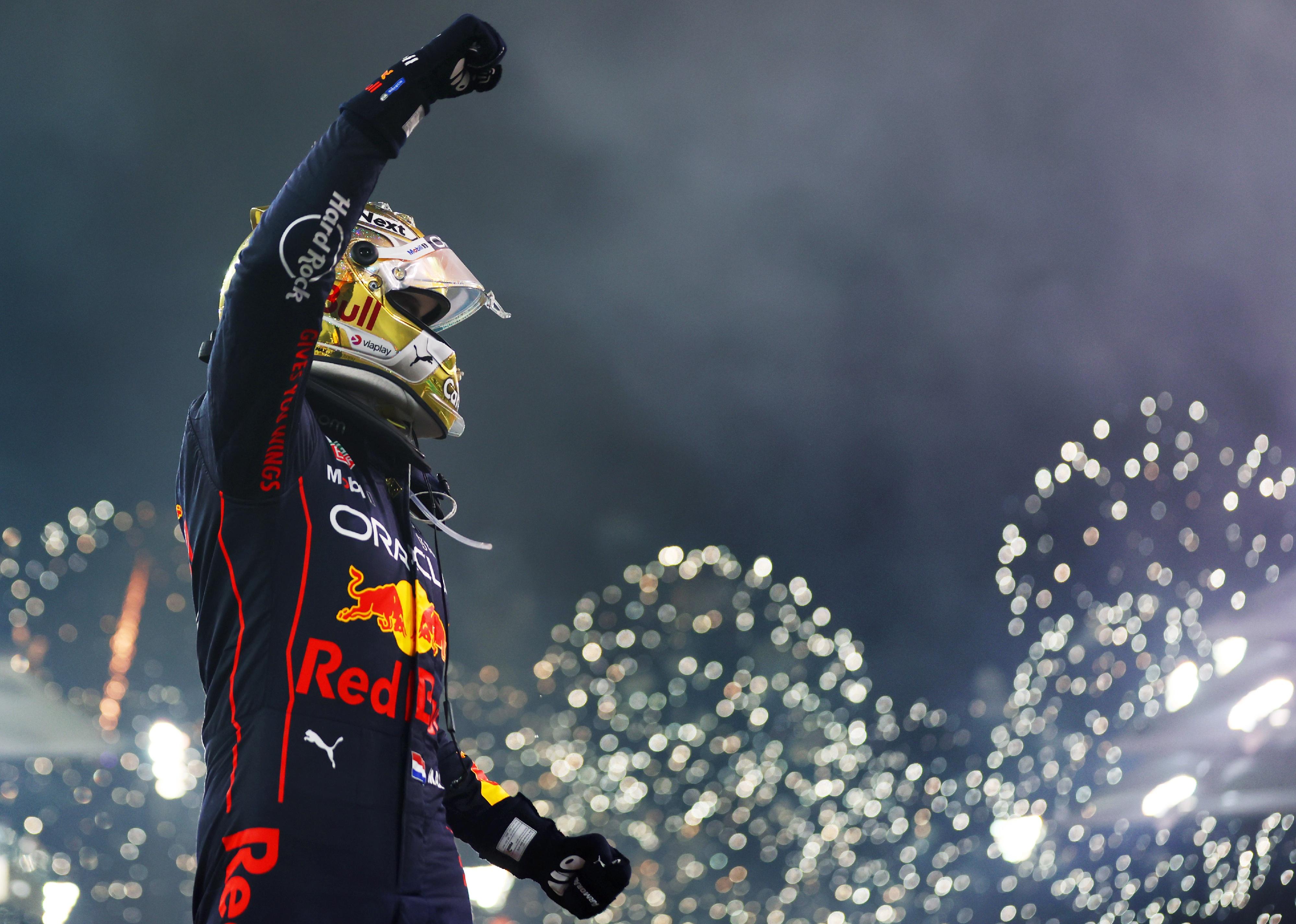 Max Verstappen celebrates in parc ferme during the F1 Grand Prix of Abu Dhabi.