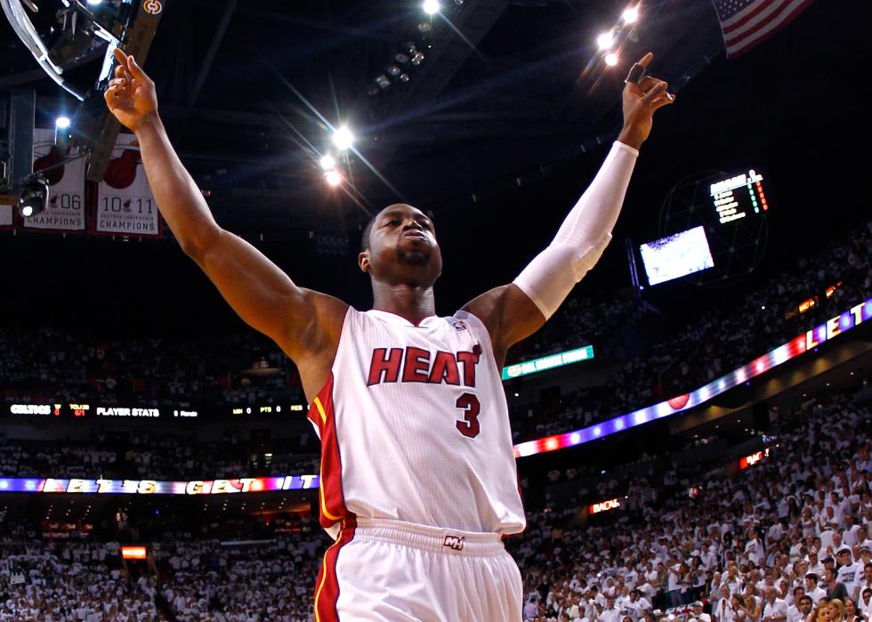 Low angle view of Dwyane Wade with arms in the air before a game