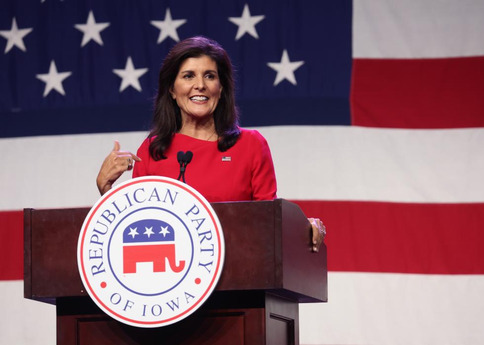 Nikki Haley speaks to guests at the Republican Party of Iowa 2023 Lincoln Dinner.