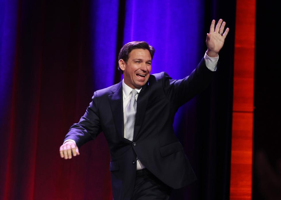 Ron DeSantis speaks to guests at the Republican Party of Iowa 2023 Lincoln Dinner.
