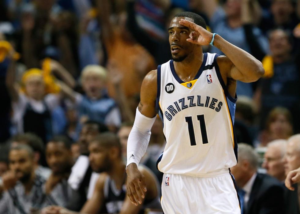 Mike Conley reacts after making a shot in a game