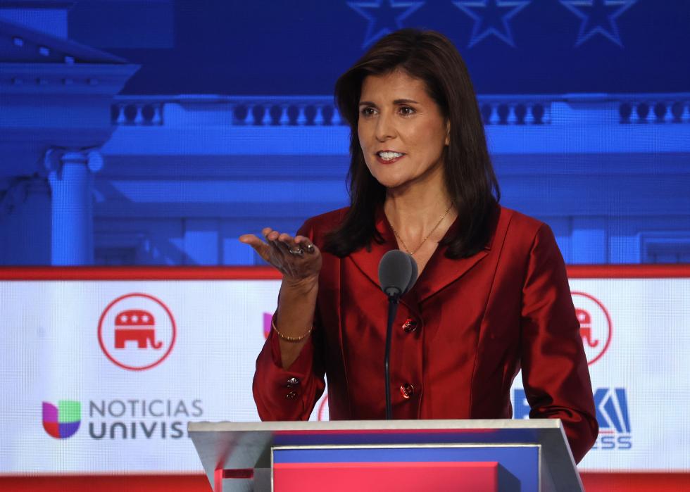 Nikki Haley delivers remarks during the FOX Business Republican Primary Debate.