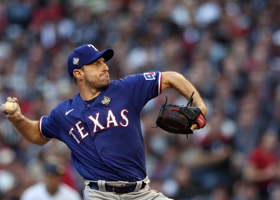 Max Scherzer of the Texas Rangers pitches against the Arizona Diamondbacks.