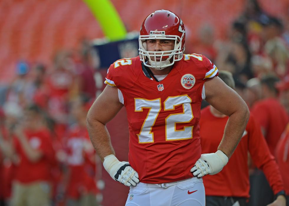 Eric Fisher of the Kansas City Chiefs standinf before a game against the San Francisco 49ers