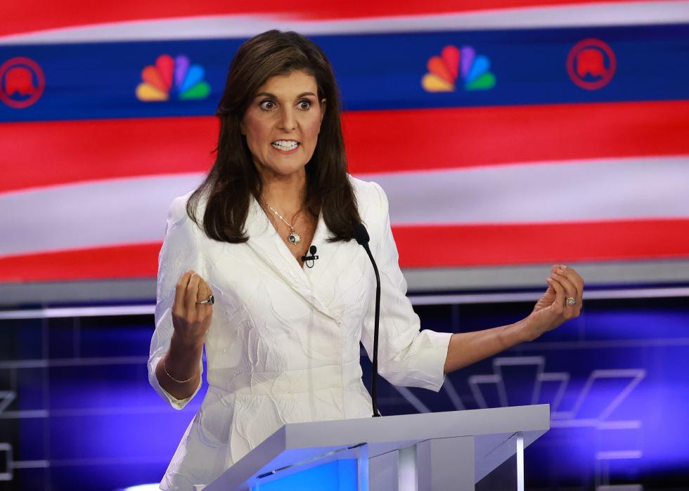 Nikki Haley speaks during the NBC News Republican Presidential Primary Debate at the Adrienne Arsht Center.