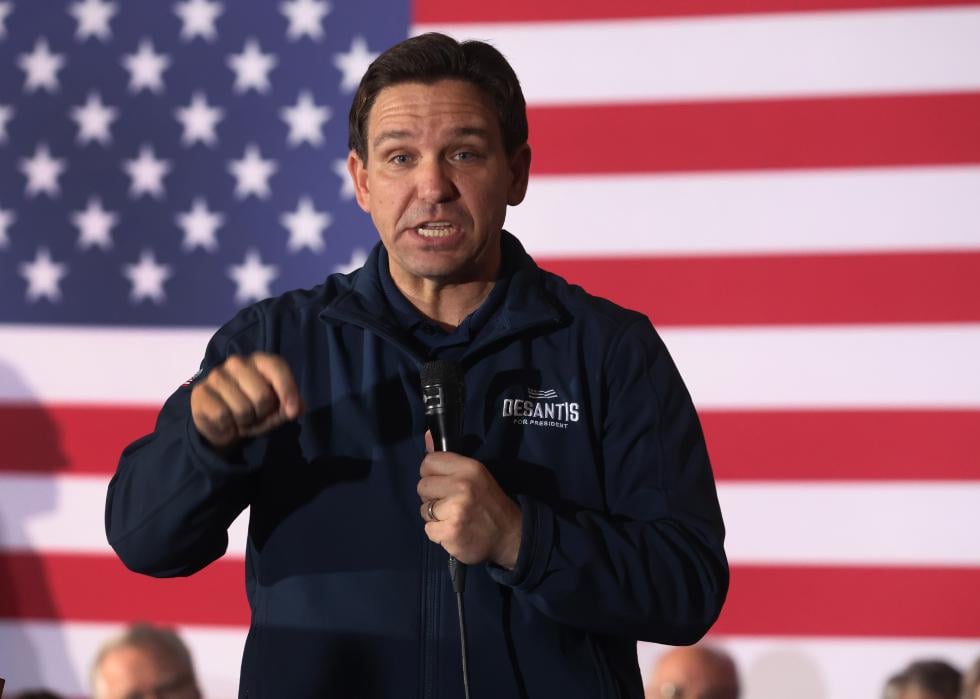 Ron DeSantis speaks to guests during a campaign rally.