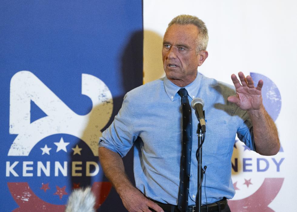 Robert F. Kennedy Jr. takes questions from media after his campaign rally.