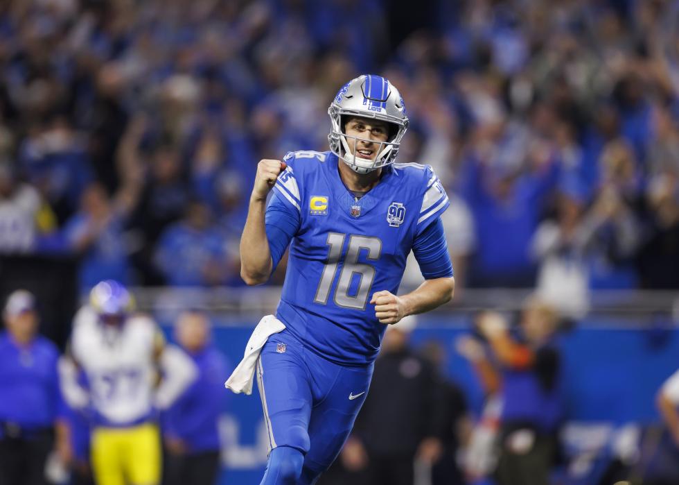 Jared Goff of the Detroit Lions celebrates after the team scored a touchdown.