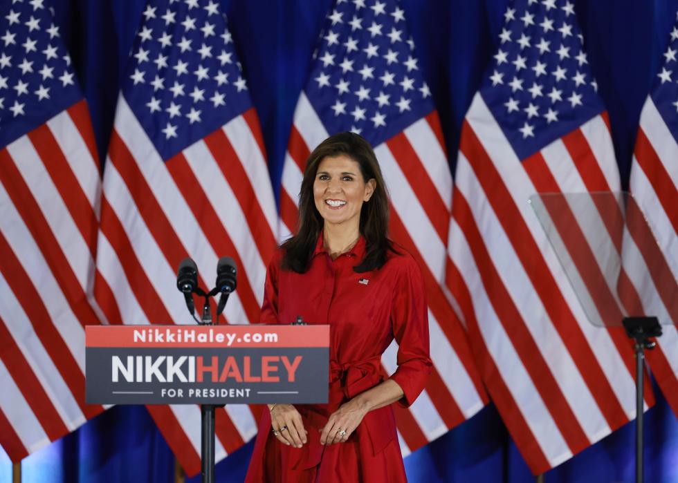 Nikki Haley speaks at her caucus night event.