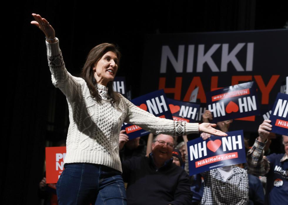 Nikki Haley arrives on stage during a campaign event at Exeter High School in Newmarket, New Hampshire. 