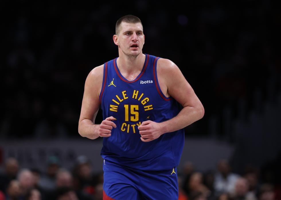 Nikola Jokic #15 of the Denver Nuggets reacts against the Washington Wizards.