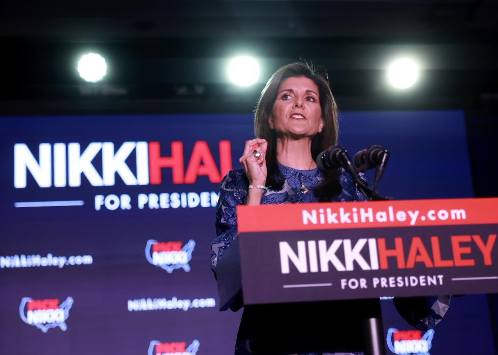 Nikki Haley delivers remarks at her primary night rally.