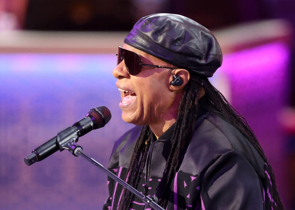 Stevie Wonder performs on stage on the third day of the Democratic National Convention (DNC).