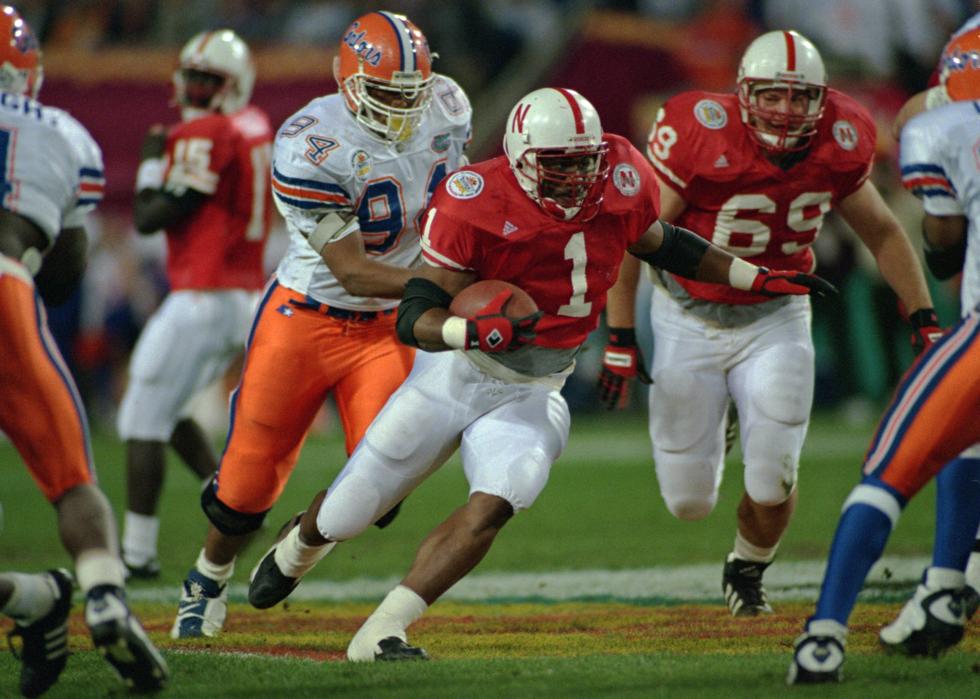 Running back Lawrence Phillips of the University of Nebraska carries the football.