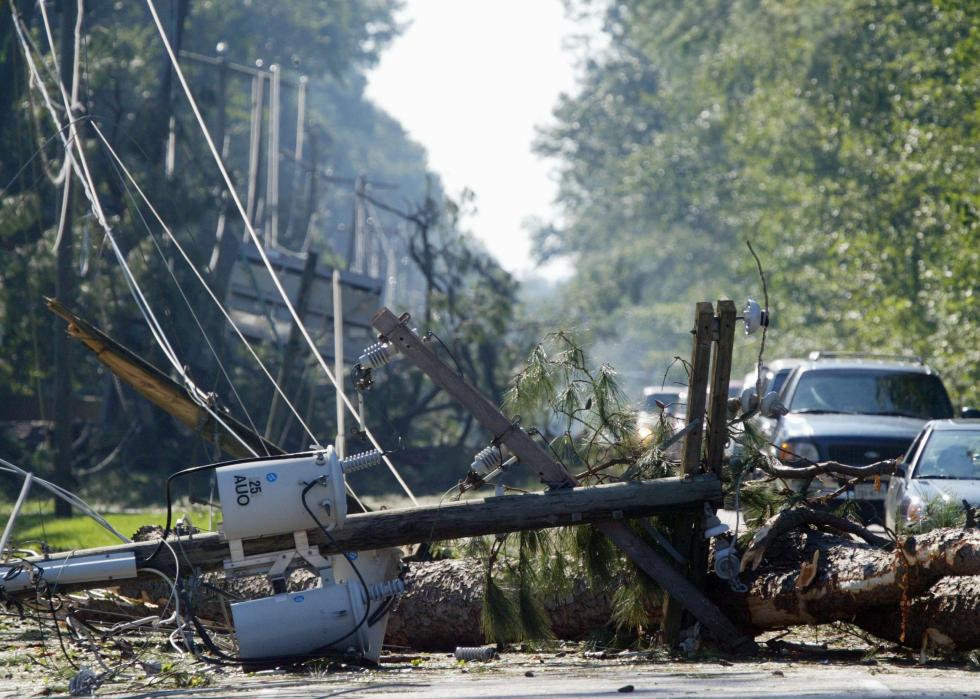 Toppled over power lines on a residential tree-line street with parked cars.