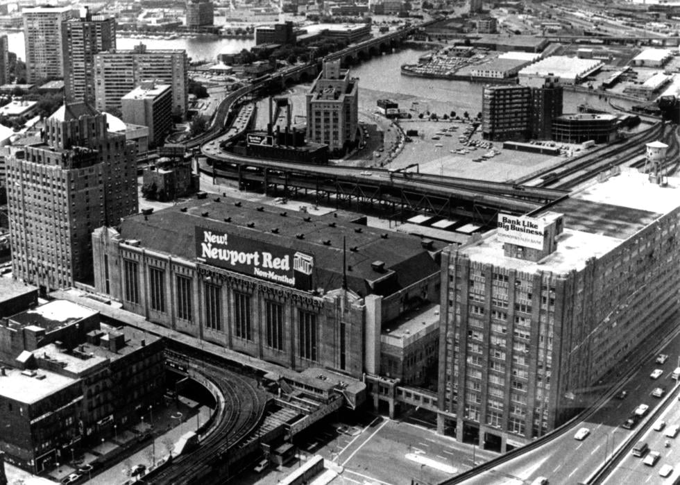 General exterior view of the Boston Garden, circa 1960s.