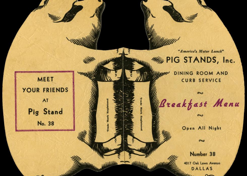 A 1938 menu reads Pig Stands, Inc. Dining Room And Curb Service, Breakfast Menu, Open All Night. Meet Your Friends At Pig Stand.