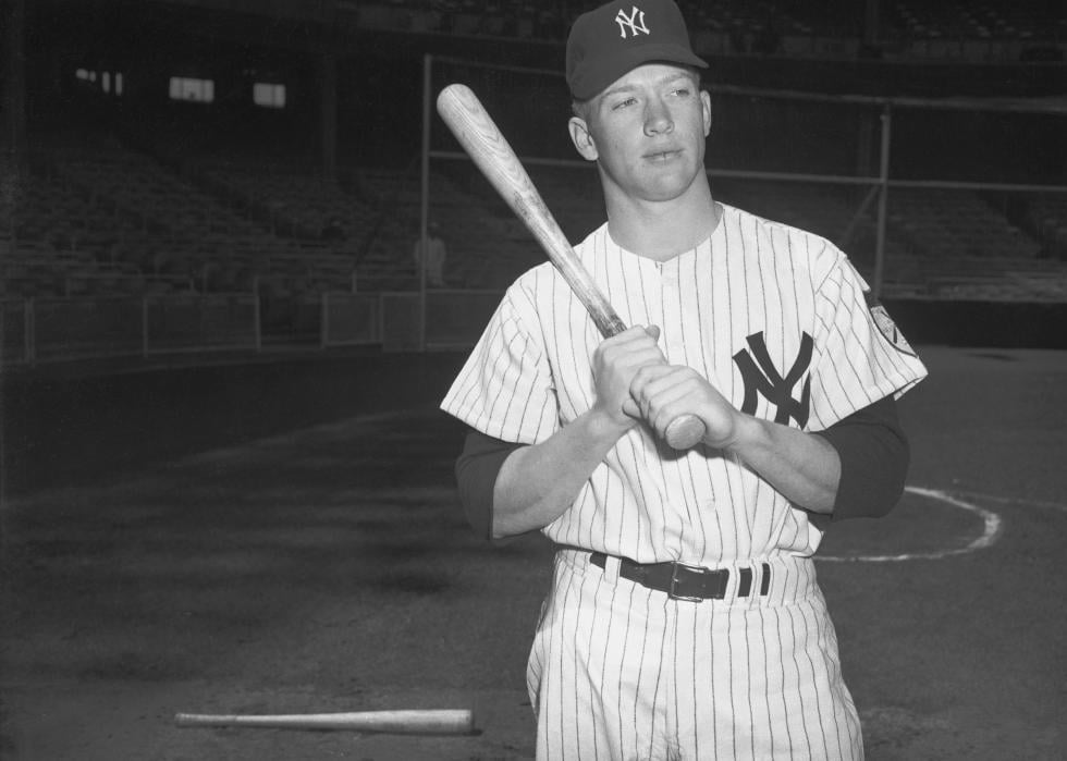 Mickey Mantle 1951 in Yankees uniform in batting pose