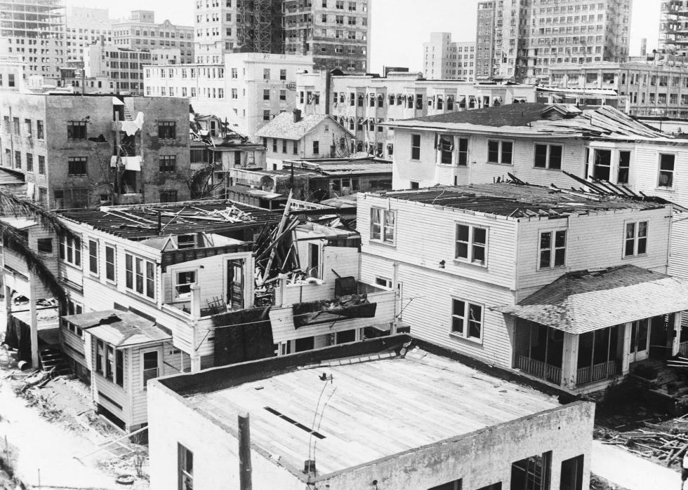 Destroyed buildings in a dense urban area.