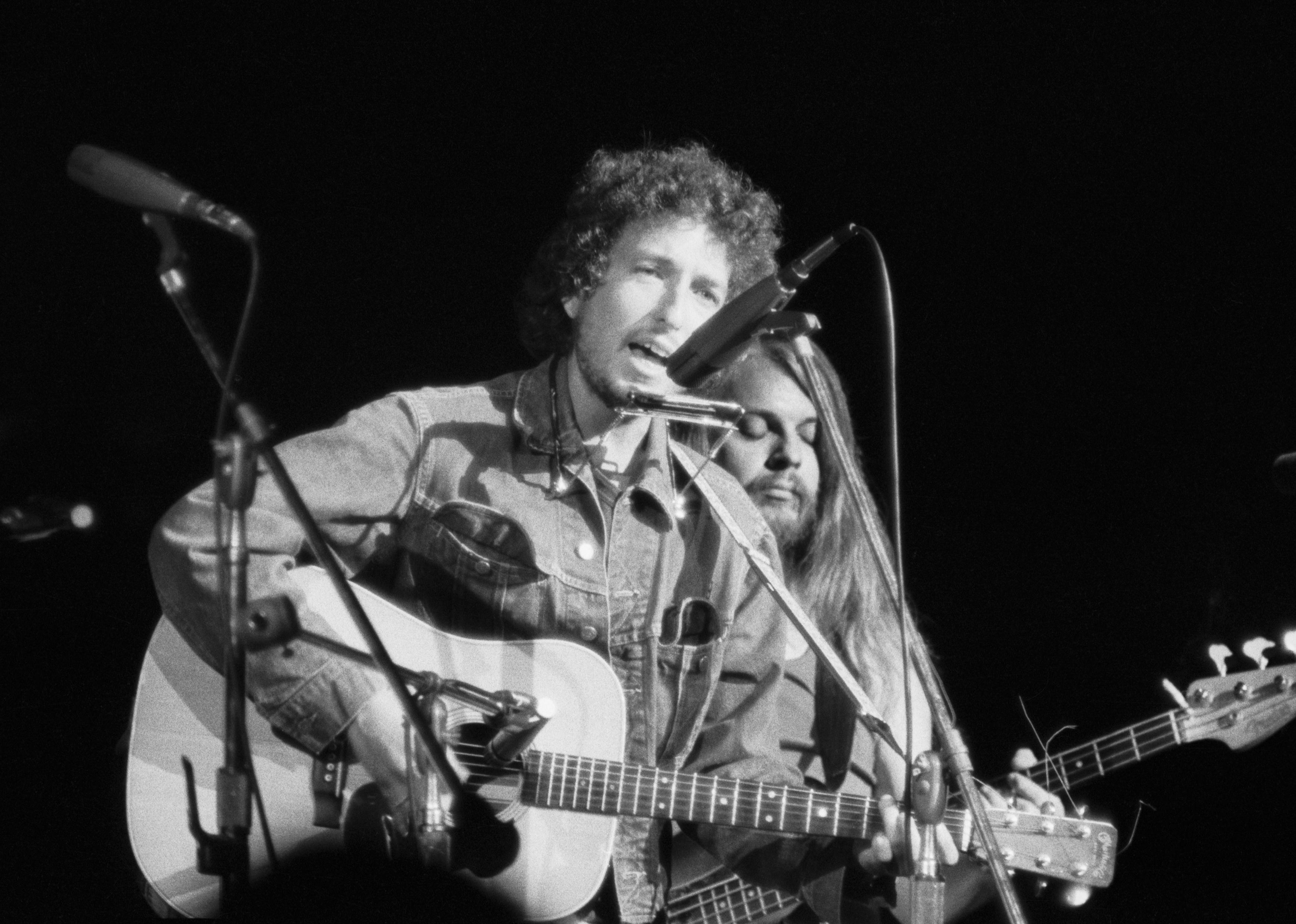 Bob Dylan performs at the Concert for Bangladesh at Madison Square Garden.